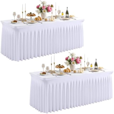 Besutolife White Spandex Tablecloth with Skirt for 4ft Rectangle Tables 2 Packs-Wrinkle-Resistant Stretchable Machine Washable Perfect for Weddings Banquets Birthday Parties Events by Besutolife