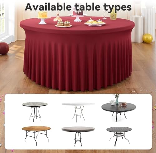 leegleri 8 Pack Burgundy 60inch Spandex Round Tablecloths, Stretchy 120inch Fitted 5FT Round Table Cloths, Wrinkle Free Table Cover with Skirt for Wedding Party Dining Banquet - Image 6