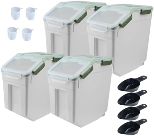 Large Flour Storage Container Bin 25lb, 4Pack Airtight Rice Storage Containers with Wheels Seal Locking Lid, BPA Free with Measuring Cup&Scoop for Flour, Rice, Grain(Green) by Qiveno