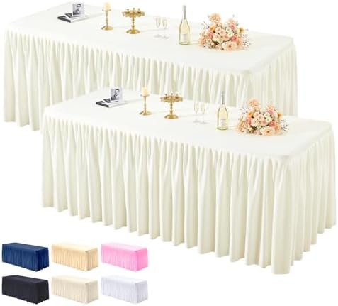 PARTISKY ２ Pack Ivory Tablecloths for Rectangle Tables 6ft, Wrinkle Resistant Spandex Table Cover Fitted Stretch Table Cloth with Pleated Ruffle Skirts for Party Banquet Dining Birthday Wedding by Partisky