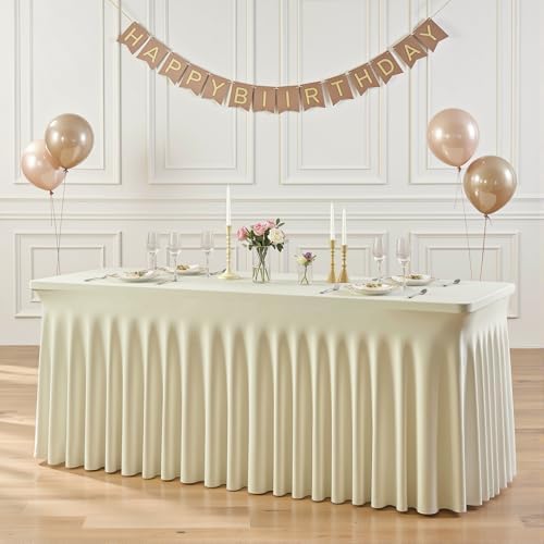 6 Pack 6ft Beige Spandex Tablecloths for Rectangle Tables Wrinkle Free Beige Rectangle Table Cloth Stretch Fitted Table Cover with Skirt for Wedding Birthday Party Banquet Baby Shower Buffet Event - Image 3