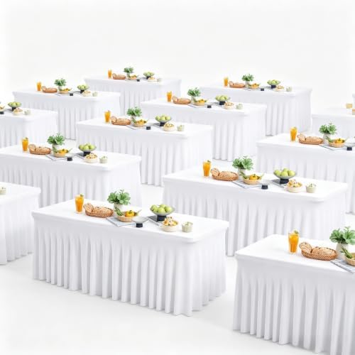 Wish Care 12 Pack White Spandex Table Clothes for 6 Foot Rectangle Tables, 6FT Wrinkle Free Fitted Tablecloths Ruffles Design Table Cloth for Party, Banquet, Wedding and Events by WishCare
