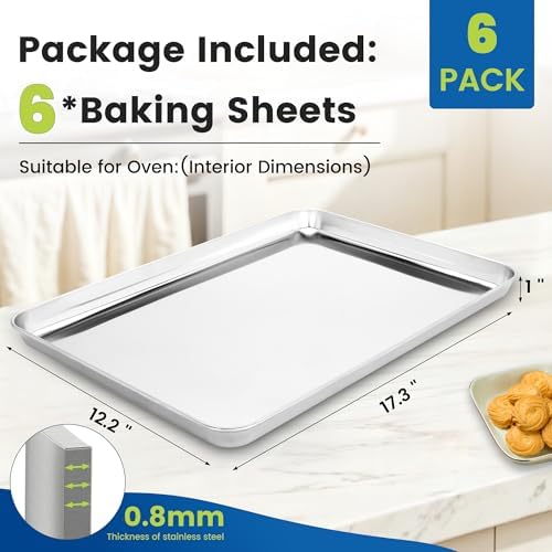 BIEAMA 6 Pack Stainless Steel Toaster Oven Baking Sheets, 17.3 x 12.2 in | Stainless steel pans with no chemical coating, mirror-polished finish and rolled edges; dishwasher safe, oven safe to 500°F. - Image 2