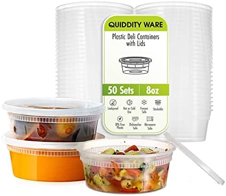 (8oz-Deli Containers with Leakproof Lids-50 Pack BPA-Free Plastic Microwaveable Clear Food Storage Container Premium Heavy-Duty Quality, Freezer & Dishwasher Safe by QUIDDITY+WARE