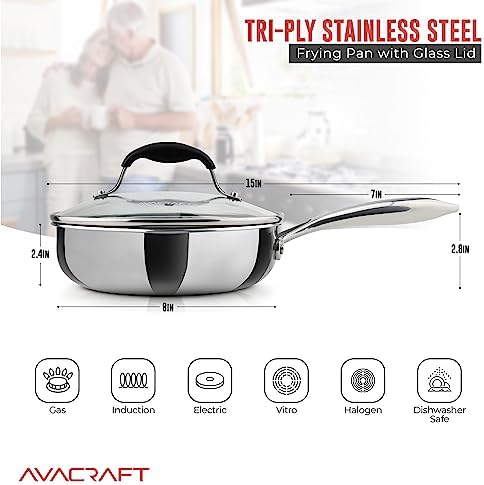 AVACRAFT 8 Inch Tri-Ply 18/10 Stainless Steel Frying Pan with Lid - Image 2