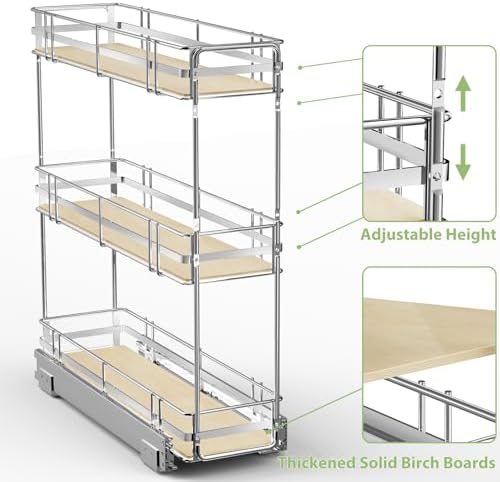 ROOMTEC 3-Tier Pull Out Cabinet Organizer Spice Rack for Narrow Cabinet 5" W x 20½" D, Slide Out Wood Shelves Storage for Kitchen - Image 5