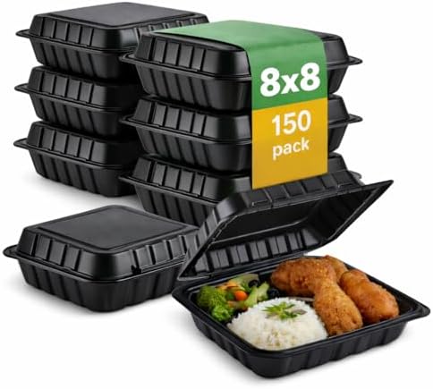 Front Lock MFPP Hinged Food Containers, Black 8" x 8" Vented Clamshell – 1 Compartment Disposable Takeout Boxes, Durable Microwaveable To-Go Containers for Food Service – 150 Pack by ProTakeOut