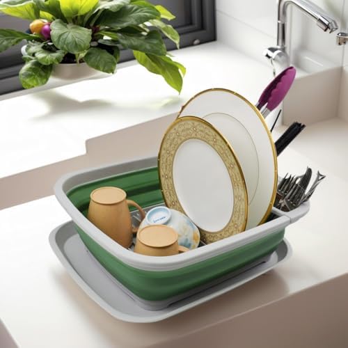 SAMMART 8L (2.11Gallons) Collapsible Plastic Dish Drainer with Drainer Board - Foldable Drying Rack Set - Space Saving Kitchen Storage Tray (Grey/Dark Sea Green, 1) - Image 4