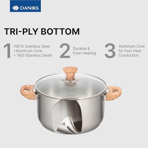 Daniks Oslo 10-Piece Stainless Steel Cookware Set with Glass Lids, Includes Saucepan and Frying Pan with Lid, Tri-Ply Bases for Even Heating, Induction Compatible, Dishwasher Safe, Bakelite Handles - Image 5