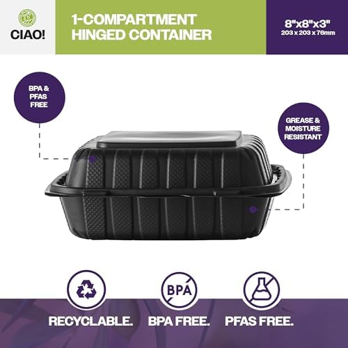 CIAO! 8"x8"X3" MFPP Black Hinged Container With Lid 1 Compartment (Case of 200) - Image 2