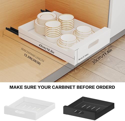 bealy 1 Pack Pull Out Cabinet Organizer Adhesive, 12'' W x 16.9" D x 3.1'' H Heavy Duty Carbon Slide Out Pantry Shelves, Sliding Drawer Pull Out Pantry Shelves for Kitchen, Living Room, Home - Image 3