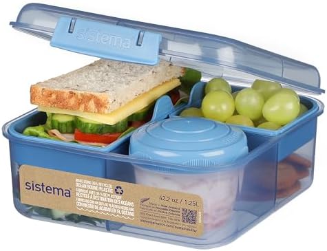 Sistema Ocean-Bound Plastic 1.25L Bento Box, Airtight & Stackable, School Lunch Box with 150mL Snack Pot, Freezer, Microwave, & Dishwasher-Safe, BPA-Free, Made with Recycled Plastic, Assorted Colors by Sistema