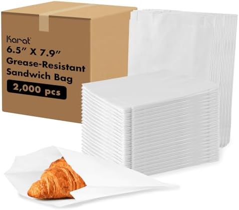 Karat Grease and Leak-Resistant Paper Sandwich Bags, BPA-Free and PFAs-Free, Recyclable Paper Bags for Snacks and Lunch, Sealable, Easy-to-Open, Flat-Storage Design - Pack of 2000 pcs (White) by Karat