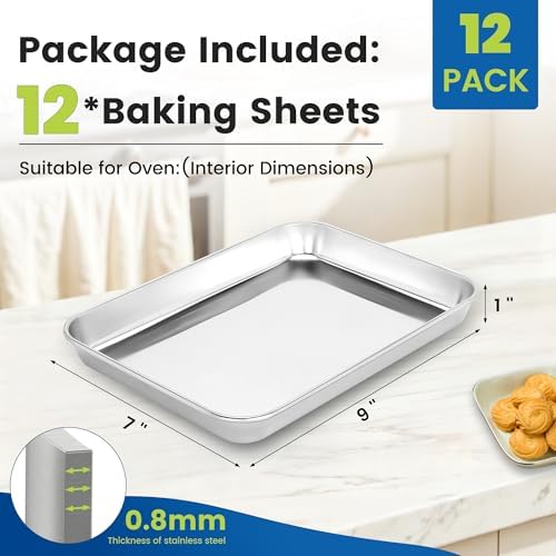 BIEAMA 12 Pack Stainless Steel Toaster Oven Baking Sheets, 9 x 7 in | Stainless steel pans with no chemical coating, mirror-polished finish and rolled edges; dishwasher safe, oven safe to 500°F. - Image 2