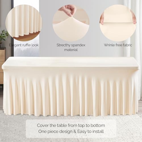 Wish Care 6 Pack Ivory Spandex Table Clothes for 6 Foot Rectangle Tables, 6FT Wrinkle Free Fitted Tablecloths Ruffles Design Table Cover for Party, Banquet, Wedding and Events - Image 2