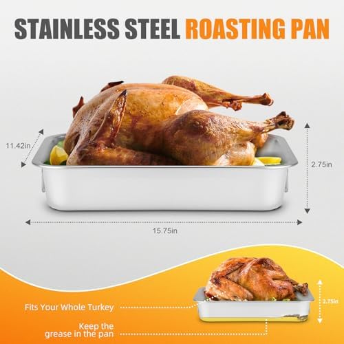 Stainless Steel Turkey Roasting Pan with Rack & Handles, Heavy Duty Food-Safe Turkey Pan Dishwasher Safe, Perfect for Cooking Turkey and Steak for Thanksgiving and Christmas (Standard) - Image 2