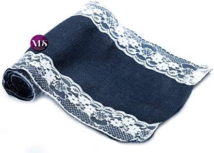 VDS Pack of 10, Burlap Table Runner with White Lace Edge, 100% Natural Jute Rustic Hessian Table Cloth Centerpiece for Wedding Birthday Party Banquet Table Decoration (Size 12X108 Inch)(Navy Blue) - Image 3