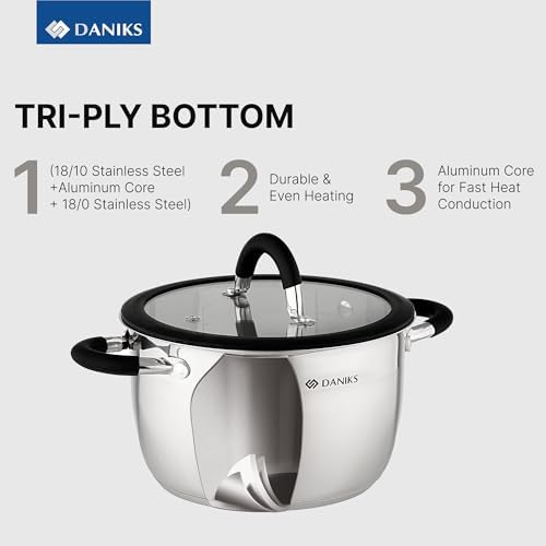 Daniks Orlando 11-Piece Stainless Steel Cookware Set with Glass Lids, Includes Saucepan and Frying Pan, Tri-Ply Bases for Even Heating, Induction Compatible, Dishwasher Safe, Heatproof Handles - Image 5