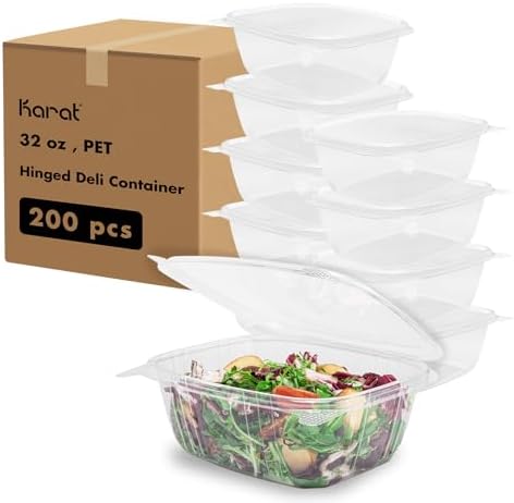 Karat 200 Count Clear PET Hinged Deli Take Out Containers - 32 oz Plastic Clamshell Food Containers, Disposable Square to Go Boxes, Ideal for Pasta Salads, Fruit, Deli Sides and More, FP-HDC32 by Karat