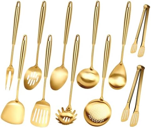 304 Gold Cooking Utensils Set, 11PCS Stainless Steel Kitchen Utensils Set, Metal Kitchen Utensils Set Include Meat Fork, Tongs, Turner, Soup Ladle, Dishwasher Safe by Unknown