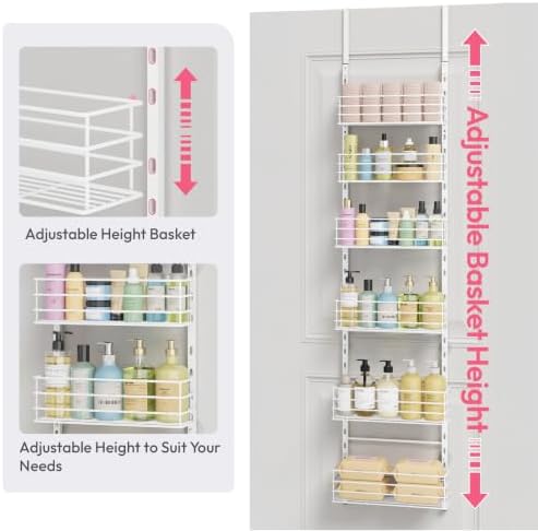 SWTYMIKI Over The Door Organizer - Door Organizer Hanging with 6 Adjustable Metal Large Capacity Basket, Wall Mounted Shelf for Bedroom Closet Bathroom Laundry Pantry Cabinet Kitchen(White) - Image 6