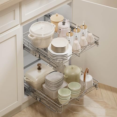 DINDON 2 Tier Pull Out Cabinet Organizer (20" W X 18" D), Double Tier Wire Basket Slide Out Shelf Storage for Kitchen Base Cabinet Organization ​for Kitchen, Pantry, Bathroom, Chrome - Image 2