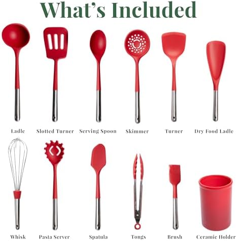 Larder & Vine 12-Piece Silicone Kitchen Cooking Utensils Set with Stainless Steel Handle and Ceramic Holder, Dishwasher Safe Set of Kitchen Essentials (Cabernet) - Image 3