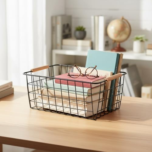 Metal Black Wire Basket,Food Storage Basket Organizer with Wooden Handles for Organizing,pantry and organizers Kitchen Cabinets Shelf potato onion, 4 Packs-Black - Image 3