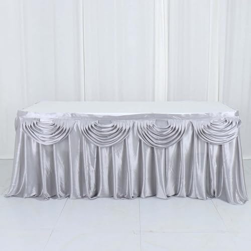 Efavormart Silver Satin Double Drape Table Skirt for Kitchen Dining Catering Wedding Birthday Party Decorations Events 14ft - Image 2