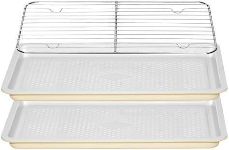 Nonstick Ceramic Baking Sheet With Rack, 2-Pack 15x10 Jelly Roll Sheet Pan, Non-Toxic, PTFE & PFOA Free, Warp-Free, Oven Safe 550°F, Dishwasher Safe, Aluminized Steel, Gray Yellow by Ymiton