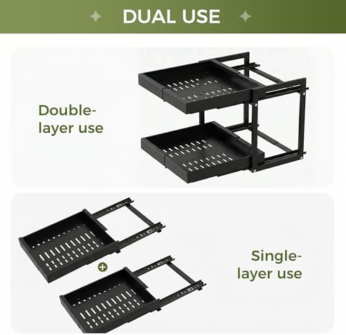 Abalter Expandable Pull Out Cabinet Organizer(12-18.5" W x 21" D), 2-Tier Slide Out Drawer for Kitchen Cabinets, Slide Out Shelves for Kitchen Countertop, Bathroom, Pantry, Heavy Duty Caddy(Black) - Image 2