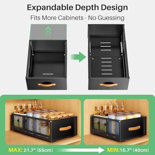 Pull out Cabinet Organizer, 2-Pack Expandable Depth(15.7"-21.7") with Raising Pad for Framed Cabinets, Heavy Duty Slide out Drawers,Roll Out Shelves for Kitchen, Pantry Organizers and Storage(Black) - Image 2