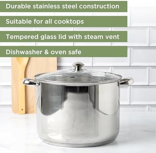 Ecolution Pure Intentions Stock Pot - Features Tempered Glass Lid, Keep Cool Handle, and Encapsulated Bottom - Oven Safe - Curbside Recyclable Stainless Steel - 16 Quarts - Image 2