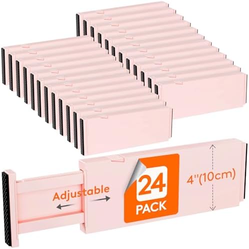 Lifewit 4" High Upgrade Drawer Divider, Adjustable Drawer Organizer Clothes | 24 Pack 11"-17" Expandable Pink Plastic Drawer Separator for Dresser, Kitchen, Closet, Nursery, Office Organization & Storage by Lifewit