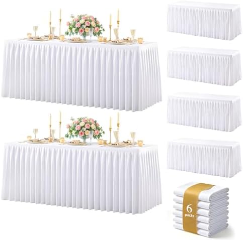 White Polyester Table Cloths for Rectangle 8 Foot Tables, 6 Pack Wrinkle Free Tablecloths Stretchy Banquet Ruffle Fitted Table Cover Desk Skirt for Parties Wedding Birthday Baby Shower by Unknown