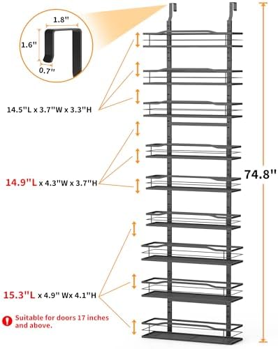 Moforoco 9-Tier Over The Door Pantry Organizer, Pantry Organization and Storage, Black Hanging Basket Wall Spice Rack Seasoning Shelves, Home & Kitchen Bedroom Bathroom House Essentials - Image 2