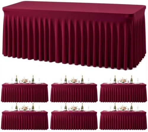 gogoparti 6 Pack Spandex Burgundy Fitted Table Cloth for 6ft Rectangle Tables Burgundy Stretch Tablecloth Table Covers Banquet Table Clothes Wrinkle Free Table Skirt for Parties Wedding by Gogoparti