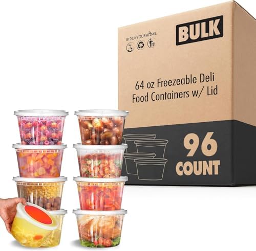Stock Your Home 64 oz Plastic Deli Containers with Lids (96 Pack), Half Gallon Reusable Freezer and Food Storage Containers, Microwave Safe by StockYourHome