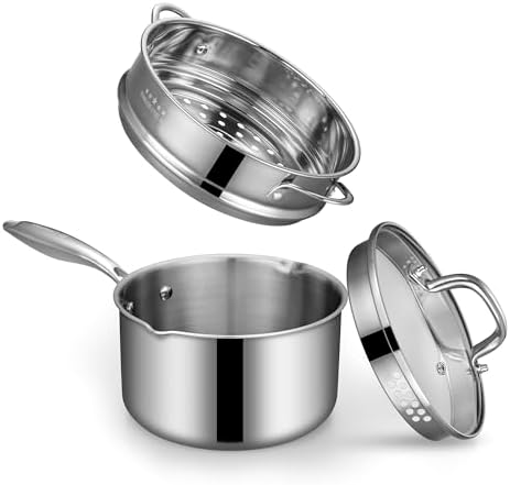 Tri-Ply Stainless Steel Sauce Pan with Steamer Basket & Straining Glass Lid— 2-in-1 Multi-Function Pot for Steaming, Boiling & Simmering — Healthy, Durable, Rust-Resistant, Professional-Grade Cookware by Cyrosa