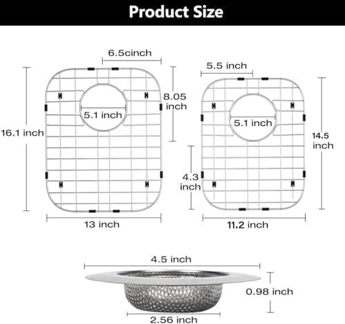 2Pack 304 Stainless Steel Sink Protector for Double Kitchen Sink Rear Drain,(13"x16"& 11"x 8.6") Metal Sink Grid SinkGrate Sink Rack for Bottom of KitchenSink w/SinkStrainers Rubber feet - Image 2