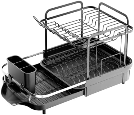 Expandable Stainless Steel 2-Tier Large Capacity Dish Drying Rack, Auto Drain Kitchen Counter Drainer with Rotatable Multi-Slot, Drainboard, Utensil, Cup Cutting Board Holder, 15"-22.4" Adjustable - Image 2