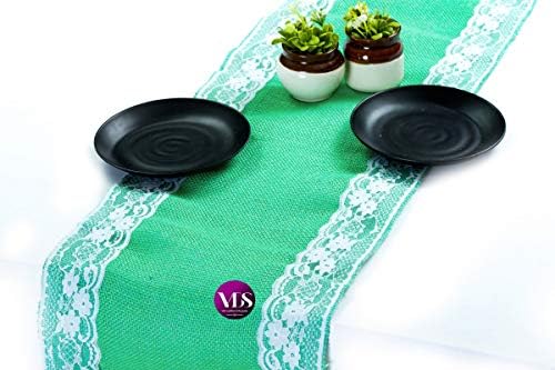 VDS Pack of 10, Burlap Table Runner with White Lace Edge, 100% Natural Jute Rustic Hessian Table Cloth Centerpiece for Wedding Birthday Party Banquet Table Decoration (Size 12X108 Inch)(Mint) by VDS