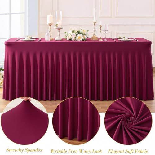 Besutolife 2 Pack Burgundy Table Cloths for 6 Foot Rectangle Tables, Wrinkle Free Fitted Spandex Table Covers 6ft, Stretch Tablecloth with Skirt for Wedding Birthday Banquet Parties - Image 6