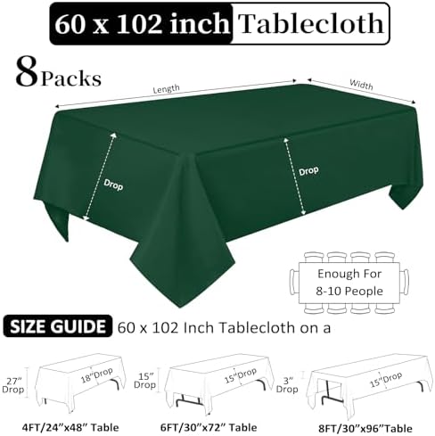 8 Pack Dark Green Rectangular Table Cloth 60 x 102 Inch for 6 Foot Table - Image 2