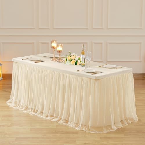 6ft Champagne Tulle Tablecloths for Rectangle Tables Stretch Rectangular Table Cloths Wrinkle Free 6 Foot Spandex Table Cover with Tutu Skirt for Wedding Birthday Party Banquet Buffet Cake Desk Skirt by Suppromo
