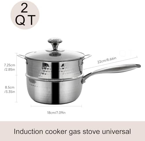 2 QT Tri-Ply Stainless Steel Hammered Saucepan with Steamer Visible Lid and Pour Spout Japanese Milk Pot for Cooking Milk Noodle Pasta Soup Vegetable Induction Compatible Dishwasher Safe - Image 3