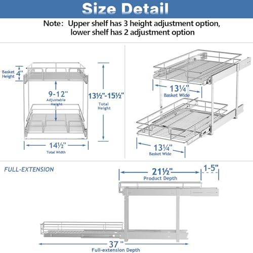 LOVMOR Individual Pull Out Cabinet Organizer, 2 Tier Slide Out Cabinet Drawers, Pots and Pans Organizer and Storage Pantry Shelf for Kitchen (14½" W x 21½" D) - Image 3