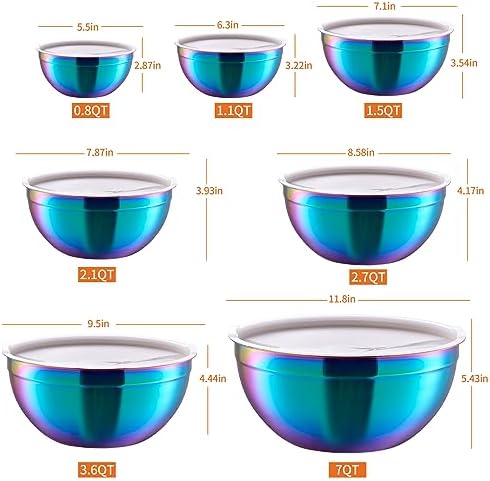 Rainbow Mixing Bowls With Airtight Lids,Stainless Steel Bowl,Salad Bowls 7 Piece Colorful Nesting Bowl Rainbow Kitchen Accessories,Size 7,3.6,2.7,2.1,1.5,1.1,0.8QT Stackable Design - Image 2