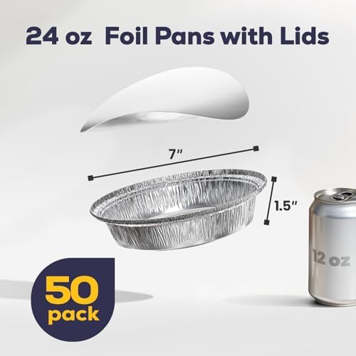 Fit Meal Prep 50 Pack 7” Round Aluminum Foil Pans with Lids, Pie Tins Disposable 7 inch with Lids, Take Out Containers, Freezer Oven Safe Aluminum Baking Pans for Storing, Cooking, Storage, Reheating - Image 2