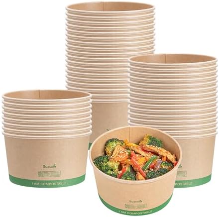 Restaurantware Compostable Paper Food Containers 50 Pack Of 34 oz BPI-Certified Round Kraft Salad Bowls Disposable Grease-Resistant Meal Prep Take Out Containers For Ice Creams, Soups, Snacks - Image 2